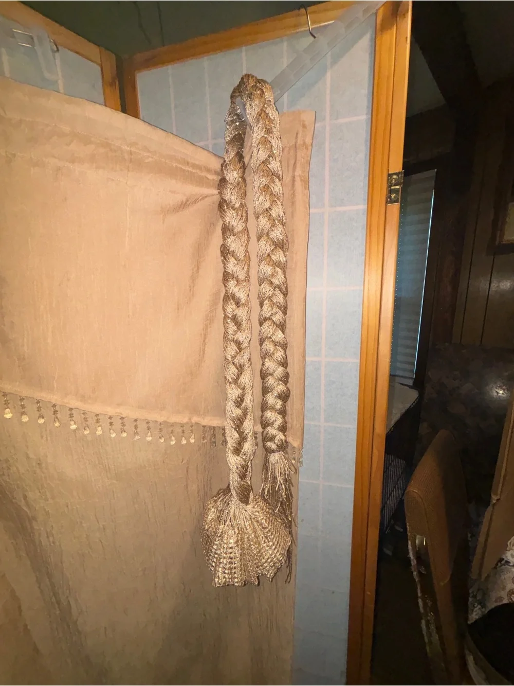 Curtains or shower curtain with tie backs